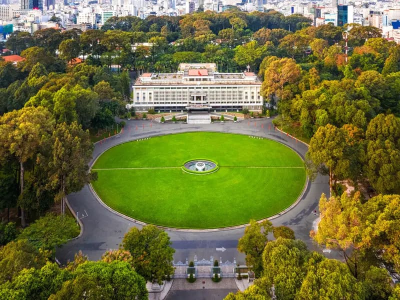 A panoramic view of the exterior of the Independence Palace