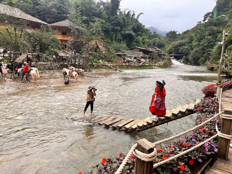 Tourists taking photos with ethnic clothes 