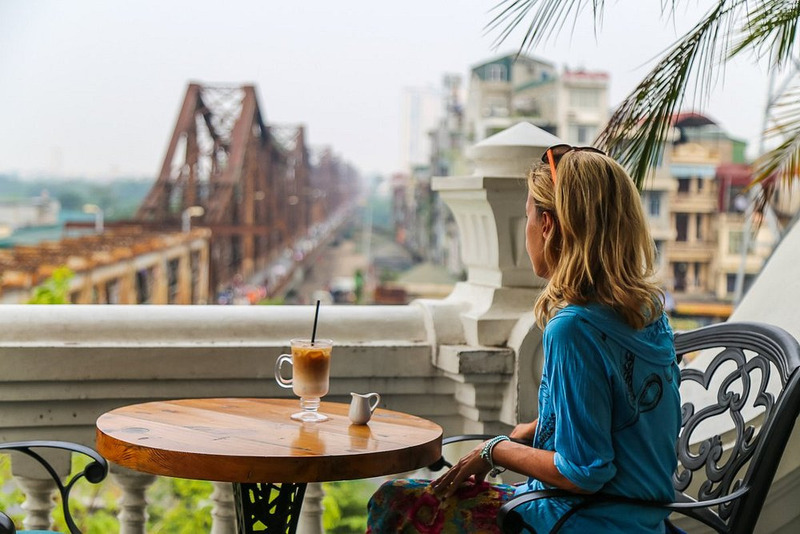 View of Long Bien Bridge from a café